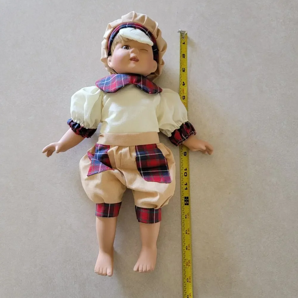 Paper Boy Winking Porcelain Doll Brown Eyes Blonde Hair 16 Inches Collector